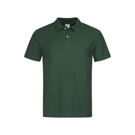 A green men's heavyweight polo shirt featuring a classic design and a branded tag.