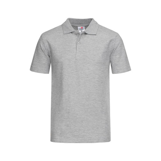 A grey Junior Heavyweight Polo shirt with a classic collar and a logo on the chest. Short sleeves featured.