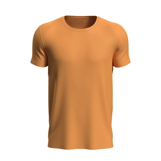 An orange men's active sports T-shirt with short sleeves and a round neck design. It features a logo on the front.