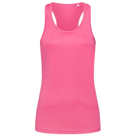 A pink women's active sports top with a racerback design and a fitted silhouette, featuring a logo.