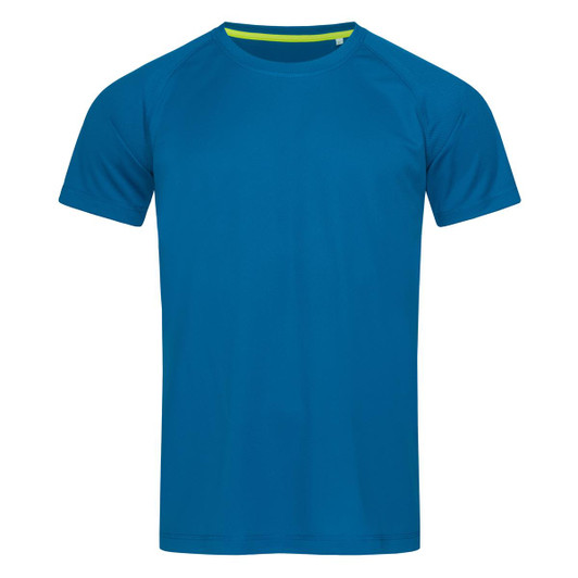 A blue men's active t-shirt with short raglan sleeves and a contrasting neckline, featuring a logo.