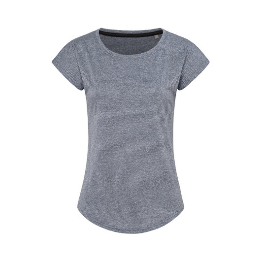 A women's T-shirt in grey with a fitted design and cap sleeves, featuring a logo.
