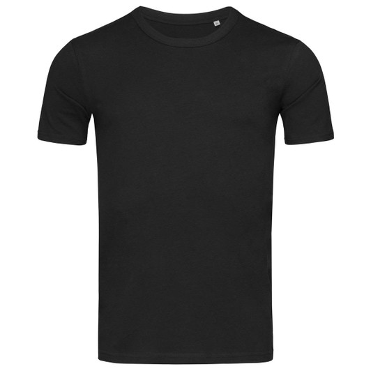 A plain black crew neck t-shirt with short sleeves. The shirt has a small logo on the front.