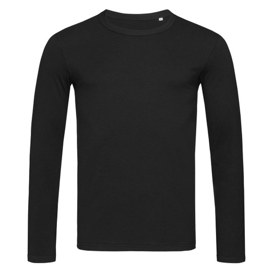 A black long sleeve shirt with a crew neck and a small logo on the chest area.