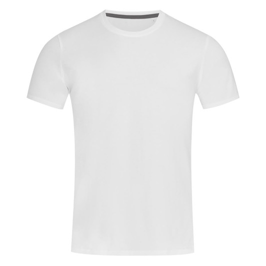 A plain white crew neck t-shirt with short sleeves, featuring a logo on the neckline.
