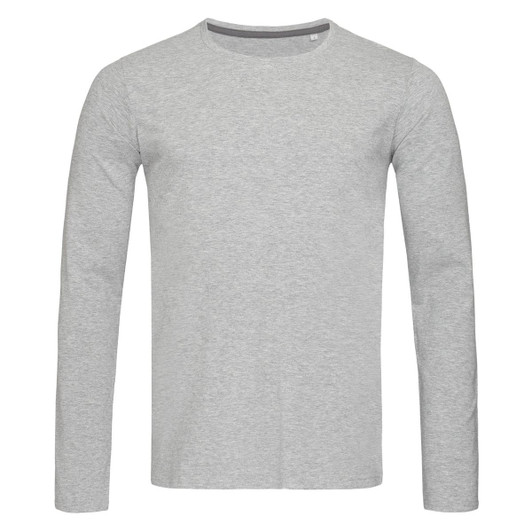 A grey long sleeve t-shirt for men, featuring a crew neckline and a simple design with a logo.