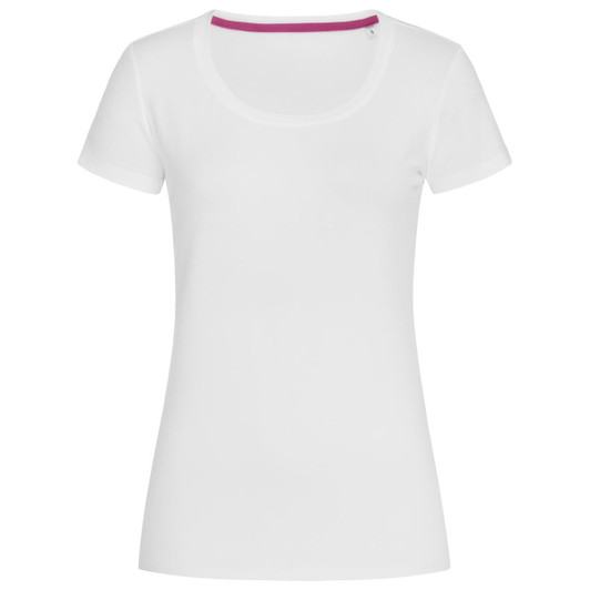 A white women's crew neck t-shirt with short sleeves and a coloured neckline. Includes a logo.