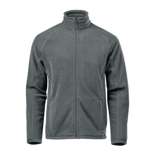 A men's fleece jacket in grey, featuring a high collar and zip front, with side pockets and branding.