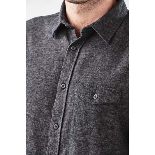 A men's long sleeve button-up shirt in dark grey, featuring a breast pocket and button details.