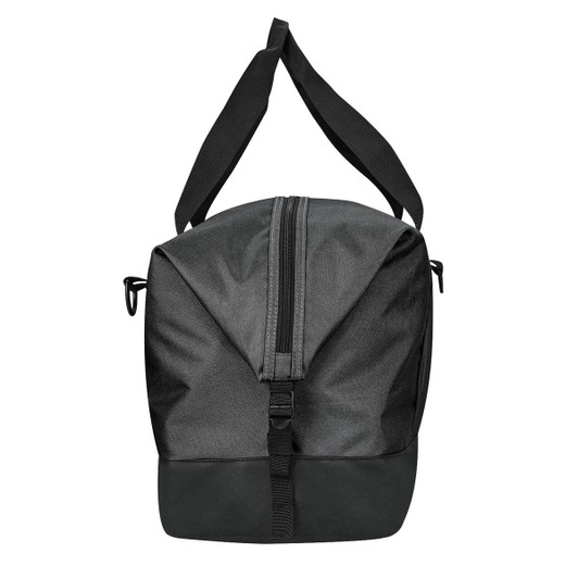 A black duffle bag with a zip closure and two adjustable shoulder straps, featuring a logo.