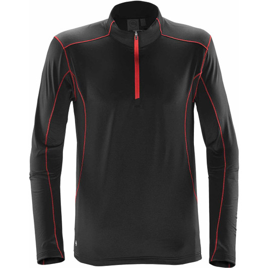 A black polar fleece pullover featuring red stitching and a half zip. It has a logo on the front.