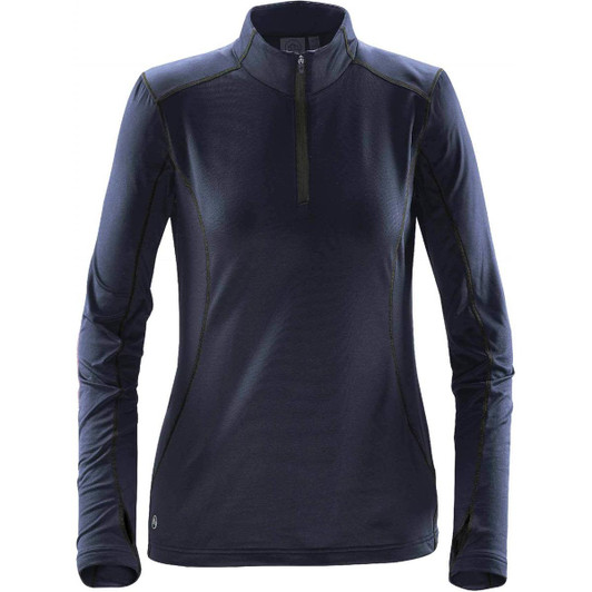 A women's navy pulse fleece pullover with a half-zip collar and long sleeves. Features stitching details and a logo.