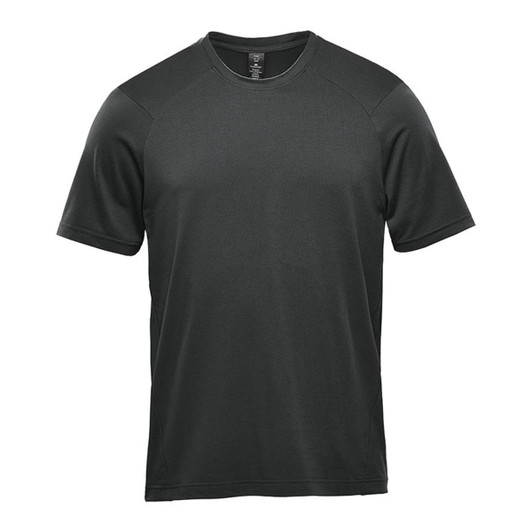 A dark green short sleeve performance tee with a logo on the front and contrasting shoulder panels.