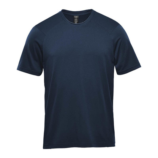 A navy short sleeve performance tee with a simple design and an unbranded logo.