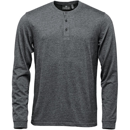 A grey long-sleeve henley shirt featuring a button placket and a logo.