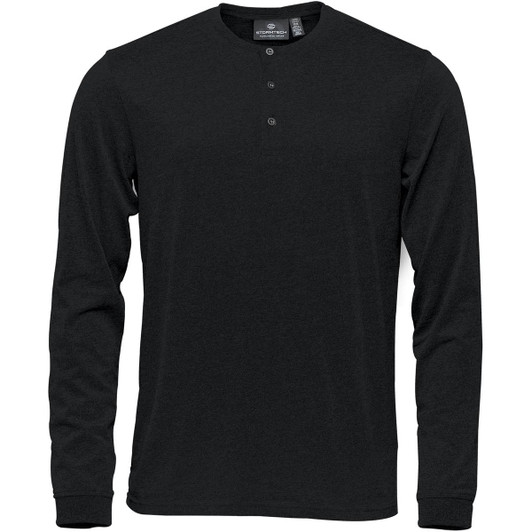A black long-sleeve Henley shirt featuring a three-button placket and a subtle logo.