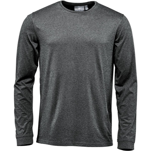 A long-sleeve T-shirt in a dark grey colour, featuring a simple design and a logo on the label.