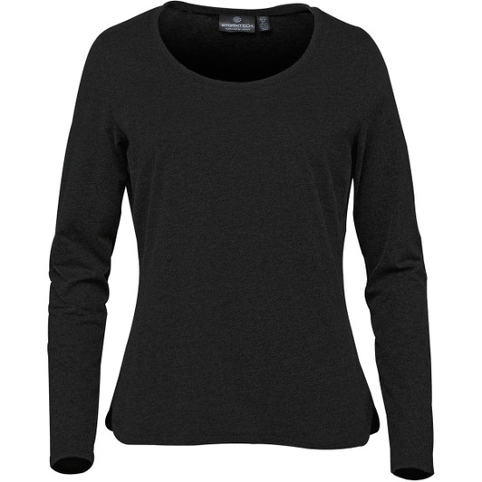 A black long-sleeve women's t-shirt with a scoop neckline and fitted style. It has a logo on the label.