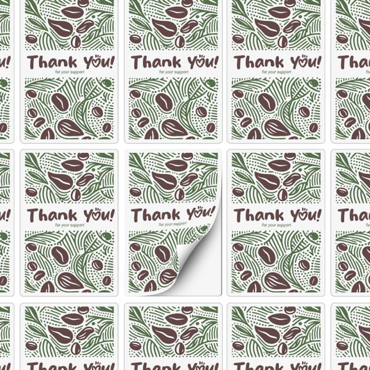 A sheet of stickers featuring a "Thank You" design in green and brown tones, with a decorative pattern.