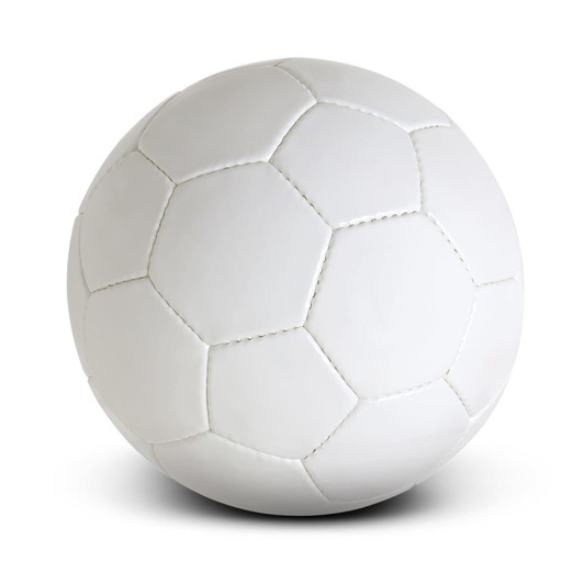 A white soccer ball with black pentagon and hexagon design, featuring detailed stitching.