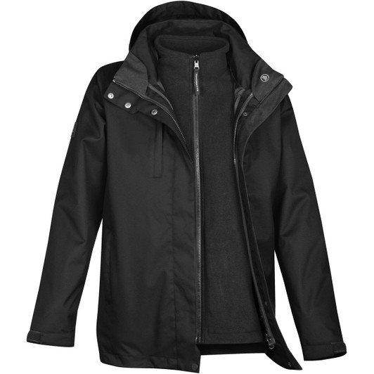 A black women's parka featuring a detachable inner layer, hood, and buttons, with a logo on the sleeve.