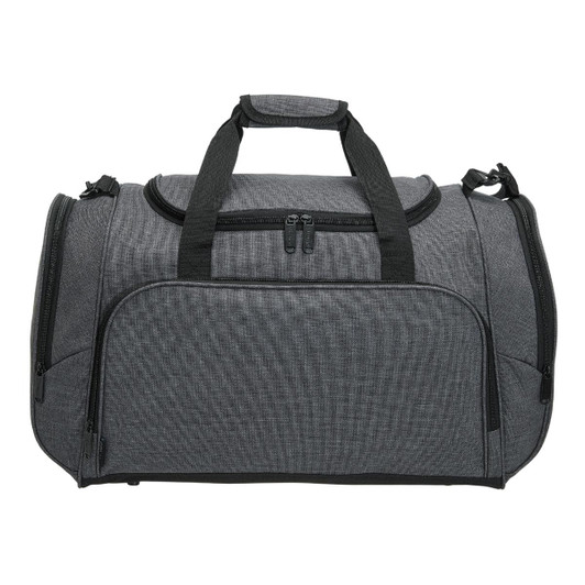 A grey duffle bag with zipped compartments and dual handles, featuring a branding logo.