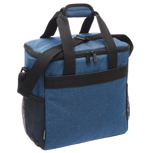 A blue cooler bag with black mesh pockets and dual handles. It features a zippered top for secure closure.