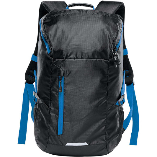 A black backpack with blue accents, featuring multiple compartments and padded shoulder straps. Includes a logo.