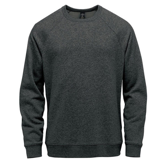 A dark grey crew neck sweater with long sleeves and a simple design, featuring a logo on the front.