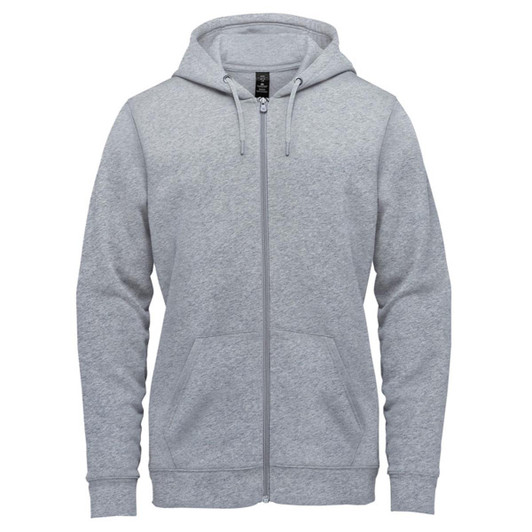 A grey fleece full zip hoody with a hood and pockets, featuring a logo on the chest area.