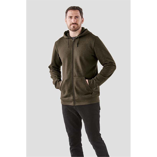 A men's full zip hoody in dark green, featuring a hood and side pockets, with a branding logo.