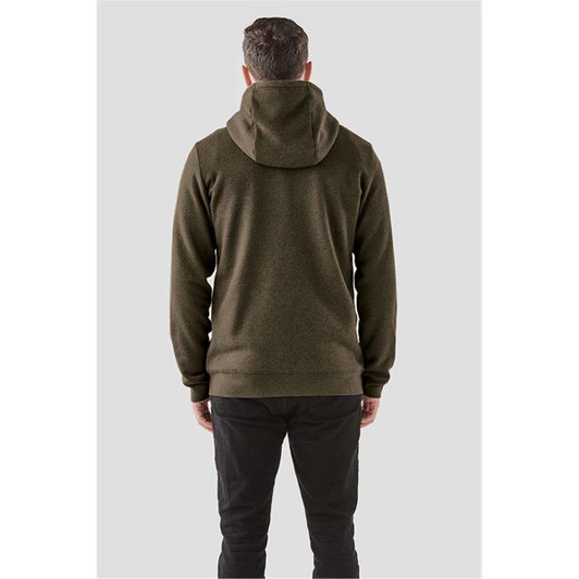 A men's full zip hoody in dark olive green, featuring a hood and a kangaroo pocket, with a logo on the chest.