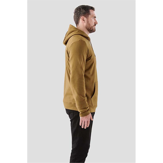 A brown men's fleece pullover hoody featuring a front pocket and a hood, modelled from the side.