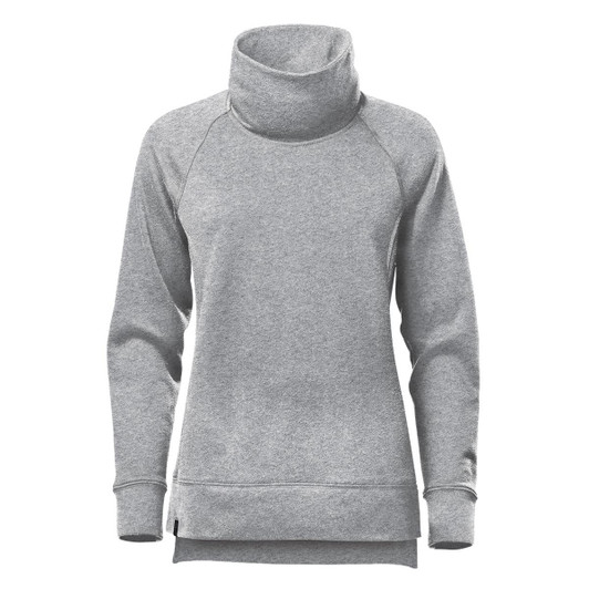 A grey women's cowl neck pullover featuring long sleeves and a relaxed fit. It has a logo on the design.