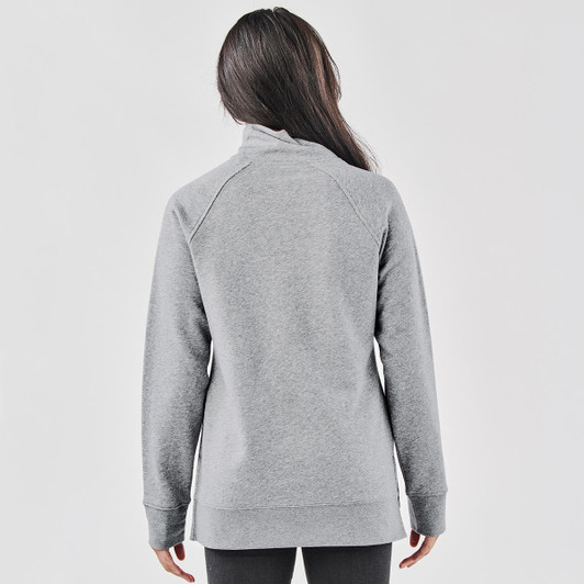 A grey cowl neck pullover is displayed, featuring a relaxed fit and long sleeves. It includes a logo.