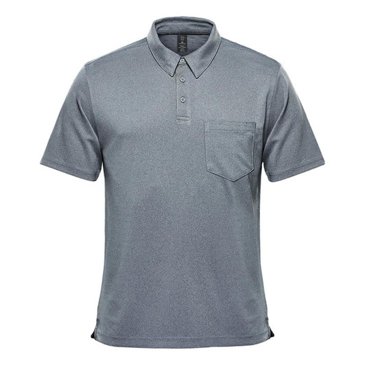 A grey short sleeve polo shirt with a collar and a pocket, featuring a logo on the chest.