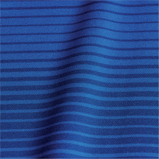 A textured fabric featuring horizontal stripes in various shades of blue, ideal for a women's polo shirt.