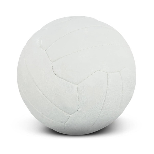 A white netball featuring a classic textured design and a round shape, with a branding logo visible.