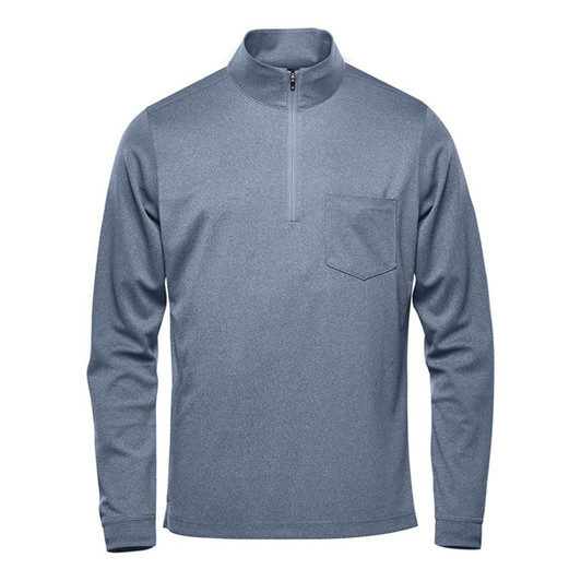 A grey men's pullover with a 1/4 zip and a chest pocket, featuring a logo on it.