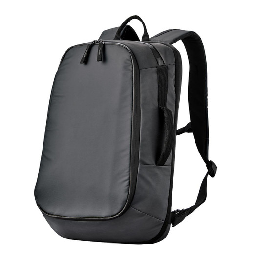 A dark grey backpack with a sleek design, featuring a zip closure and adjustable straps. It has a logo on the front.