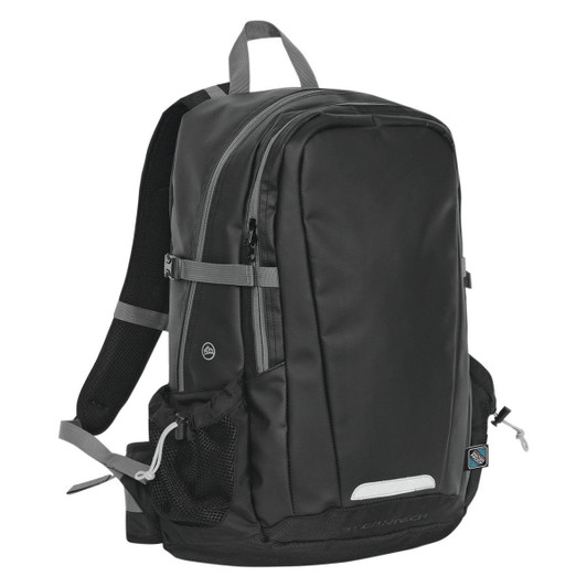 A sleek black backpack with multiple compartments, adjustable straps, and a mesh side pocket. It features a logo.