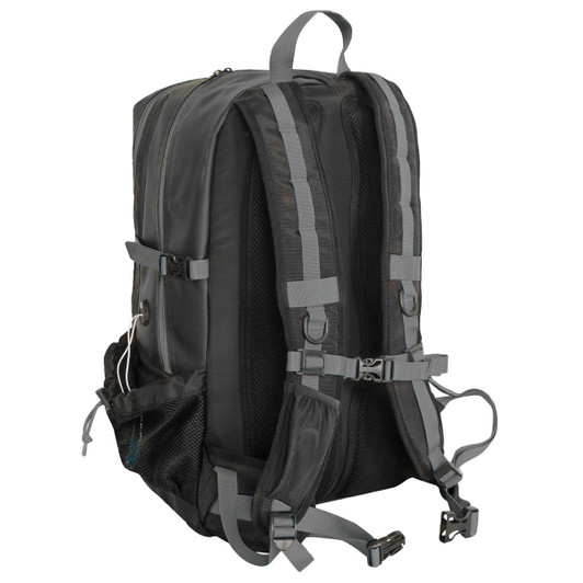 A black backpack with grey straps, featuring multiple compartments and a mesh side pocket. It has a logo on the front.