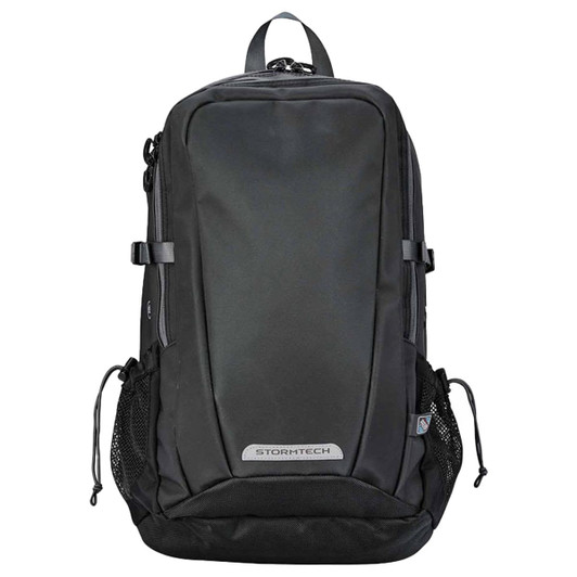 A sleek black backpack with mesh side pockets and a branding logo. Features multiple zippered compartments.