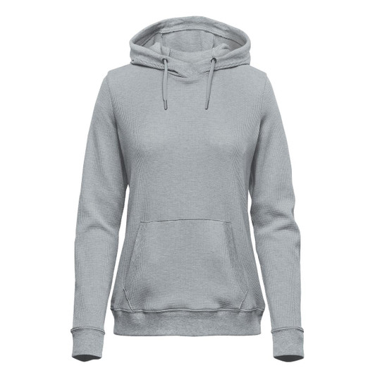 A grey women's pullover hoodie featuring a front pocket and drawstring hood. It has a subtle texture and includes a logo.