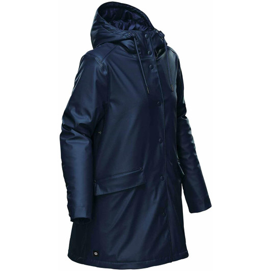 A navy women's insulated rain jacket with a hood, featuring buttons and pockets, and includes a logo.