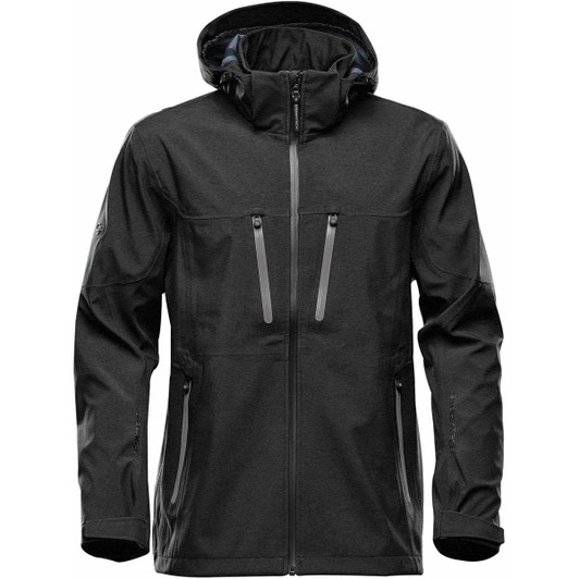 A black softshell jacket features a hood and multiple zippered pockets, with a logo on the sleeve.