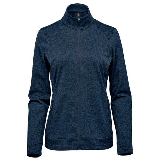 A navy women's performance jacket featuring a full zip and a high collar, with two side pockets and a logo.