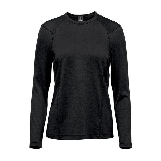 A women's long sleeve crew neck shirt in black with a simple design and a subtle logo.