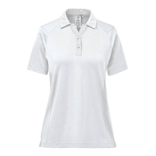 A women's polo shirt in soft white, featuring a collar and a placket with buttons. The shirt has a logo on it.