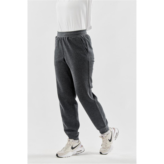 A pair of women's grey fleece jogger pants with an elastic waistband and side pockets. Contains branding.